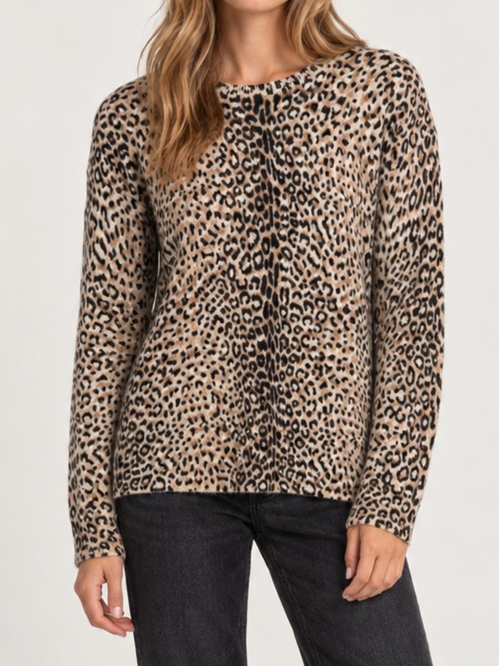 J. McLaughlin 100% Cashmere Leopard Print Crewneck Sweater Beige Black Medium